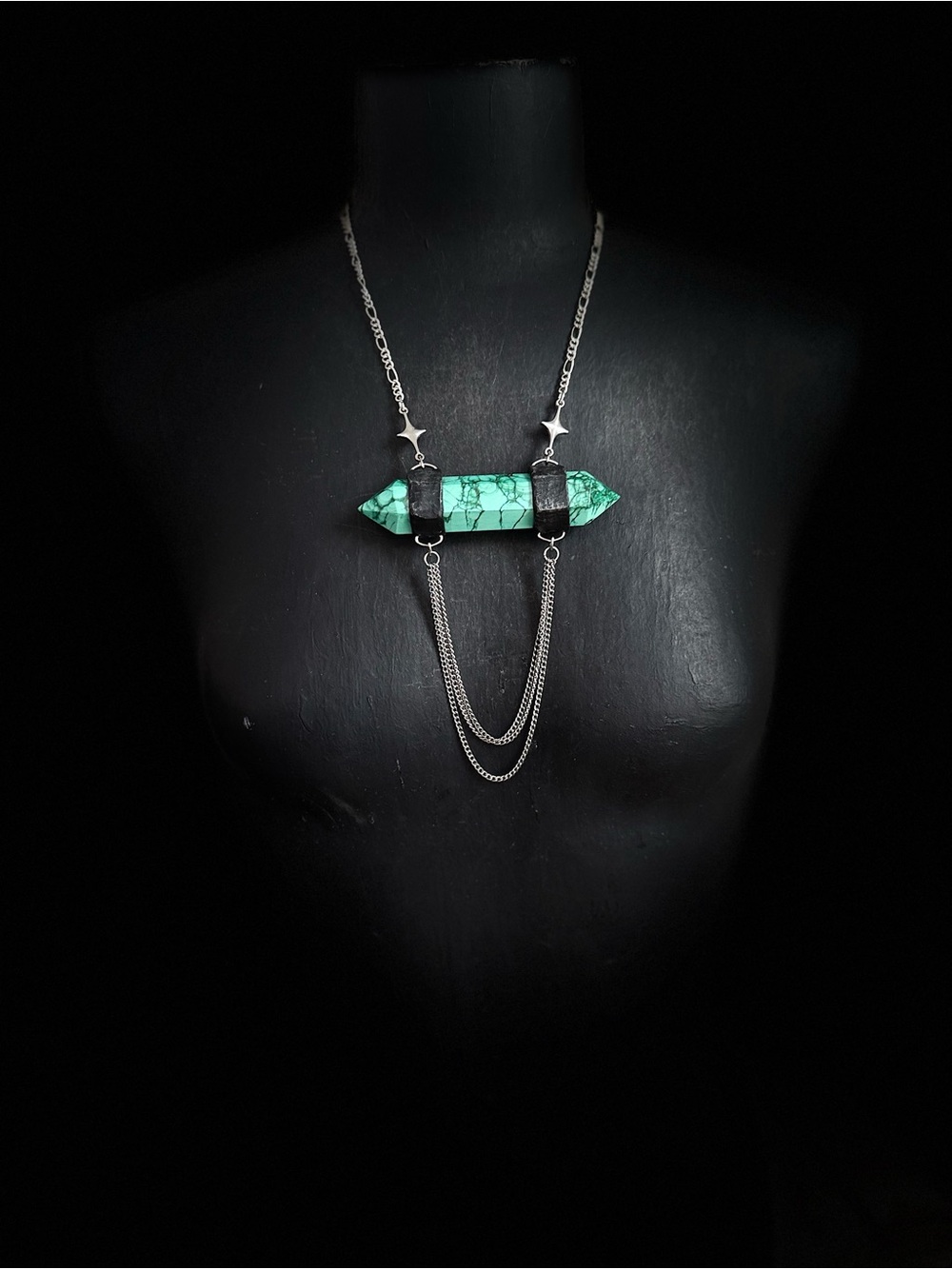 Malachite Crystal Double-Chain Pendant Necklace statement jewelry boho witchy